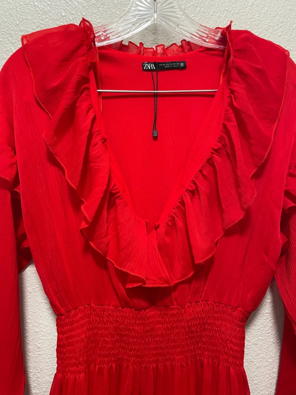Zara Bright Red Ruffle V-Neck Long Sleeve Dress - Picture 5 of 6